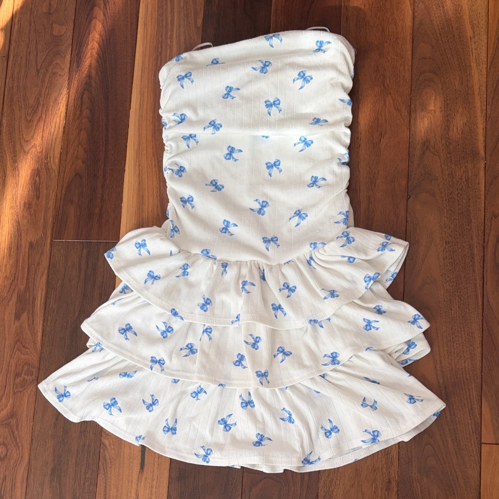 Strapless White Dress with Blue Bow Print